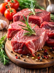 Raw beef roast on wooden background close-up with fresh vegetables and spices, uncooked meat for food preparation