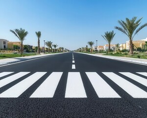 Obraz premium Asphalt road in a residential area with speed bumps and zebra crossings, residential road, neighborhood safety