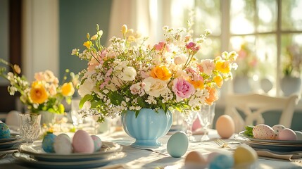 Easter celebration floral arrangement dining room table decor bright festive theme