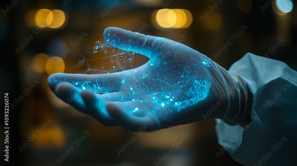 Poster futuristic human hand displaying holographic world map with bright blue glow and abstract patterns i