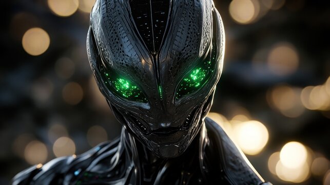 Close-up of a Futuristic Alien with Glowing Green Eyes