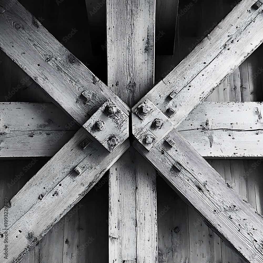Poster close up view of massive wooden beams intersecting, showcasing their texture and structure in black 