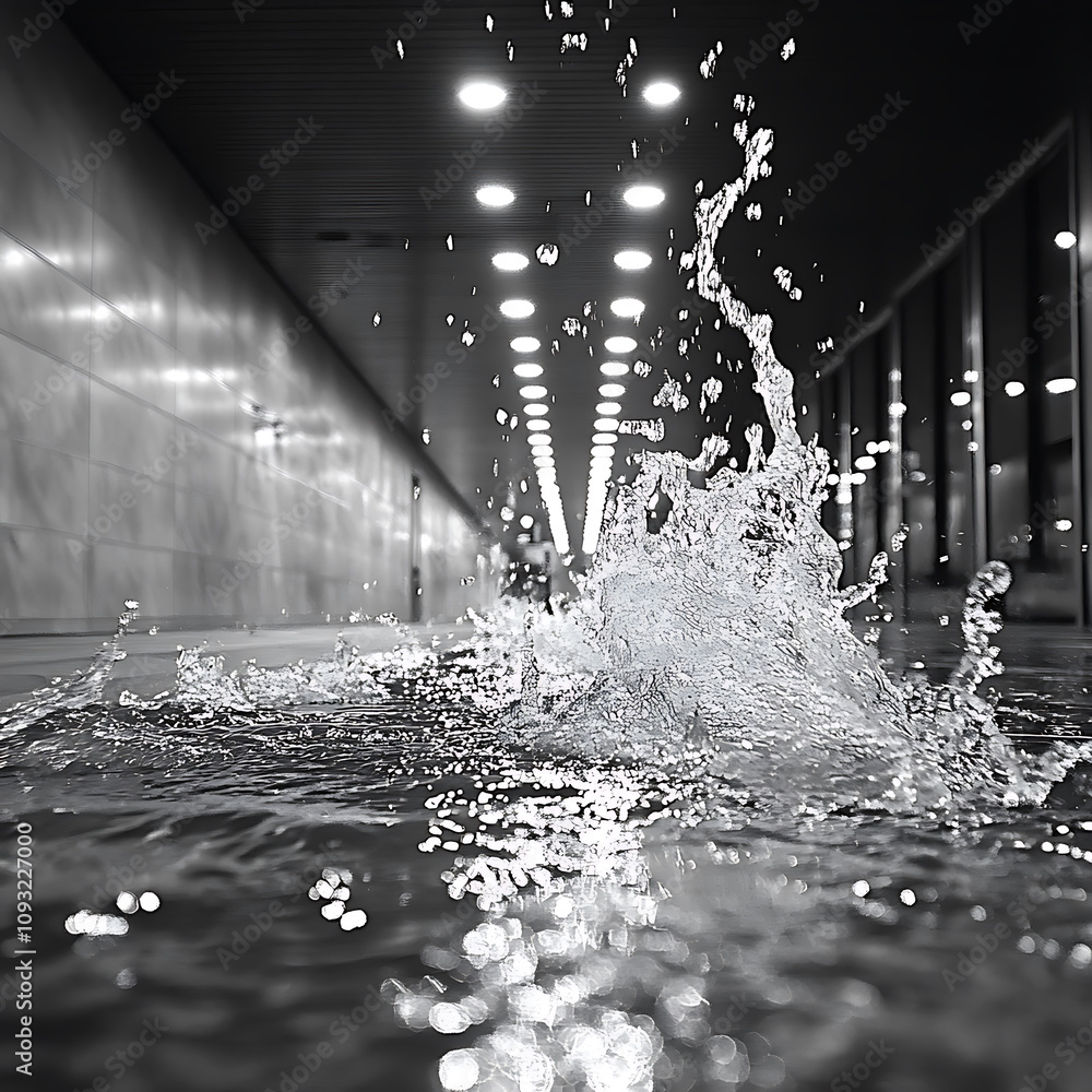 Poster water splashing in modern corridor, creating dynamic and inspiring scene. reflections and light enha