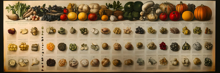 Illustration of Fruits, Vegetables, and Seeds Botanical Study