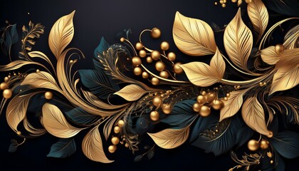 Elegant gold and teal leaves with golden berries. Luxurious botanical design.