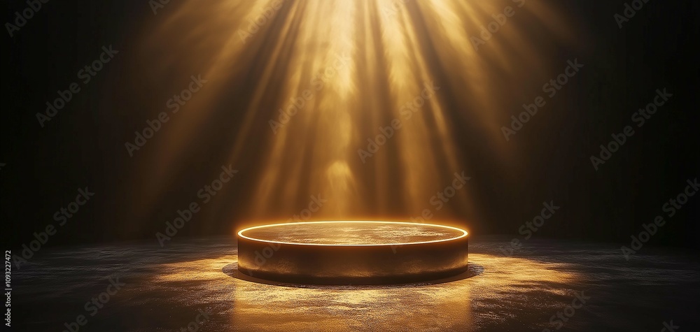 Poster a serene circular platform surrounded by soft glowing light rays illuminating a dark environment, cr