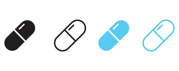 Capsule line icon vector, pill icon, tablet icon vector set, medicine icons set flat vector illustration isolated on white background.