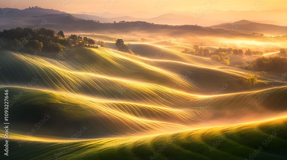 Poster Serene Golden Light Over Rolling Hills and Undulating Fields at Dawn with Mist and Soft Shadows Creating a Dreamlike Landscape