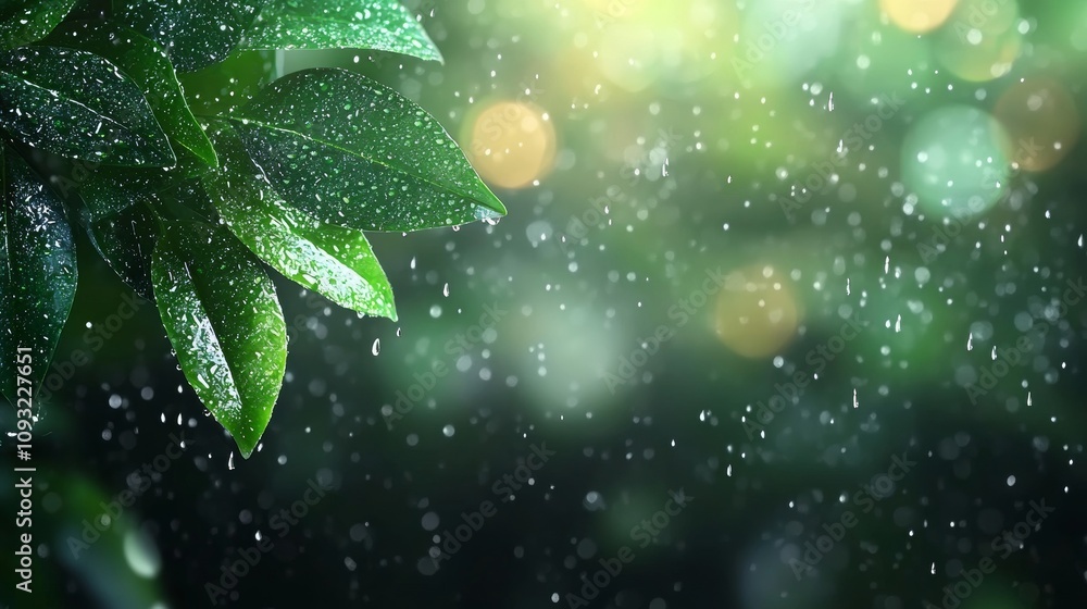 Poster close-up of raindrops on green leaves with blurred bokeh background creating a beautiful natural atm