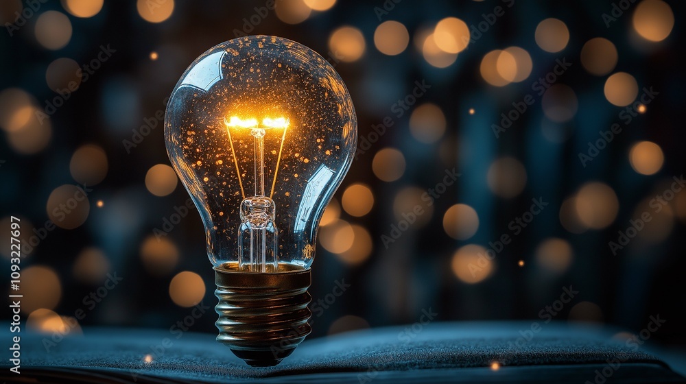 Poster captivating close-up of a glowing light bulb surrounded by shimmering bokeh background, emphasizing 