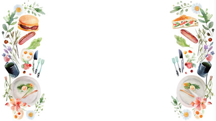 Watercolor hand drawn illustration of food frame on white background for your design