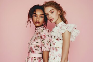Chic young women with floral dresses isolated on a pastel pink background. Concept of spring fashion feminine style soft colors
