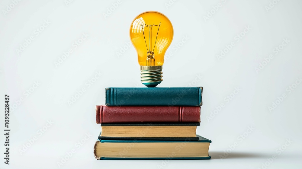 Aufkleber creative concept of knowledge and innovation with books stacked under a glowing light bulb symbolizi