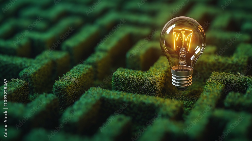 Poster A Bright Idea Illuminates a Complex Green Maze Pathway Representing Problem Solving and Innovation in Nature-Inspired Design for Creative Solutions