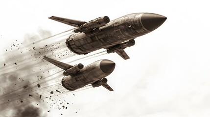 ICBM in mid-flight with contrails in the background, isolated on white. 