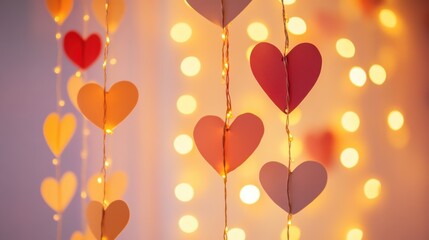 Whimsical paper heart garlands in vibrant colors and varying sizes, suspended in a softly lit room. The glowing fairy lights and warm gradient background create a cozy and magical ambiance.
