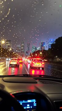 Evening traffic jam illuminated by city lights during rain in a bustling urban area