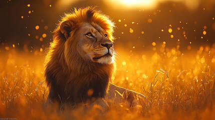 majestic male lion gazes thoughtfully across golden Serengeti plains, illuminated by warm glow of sunset. scene captures beauty and power of this magnificent creature