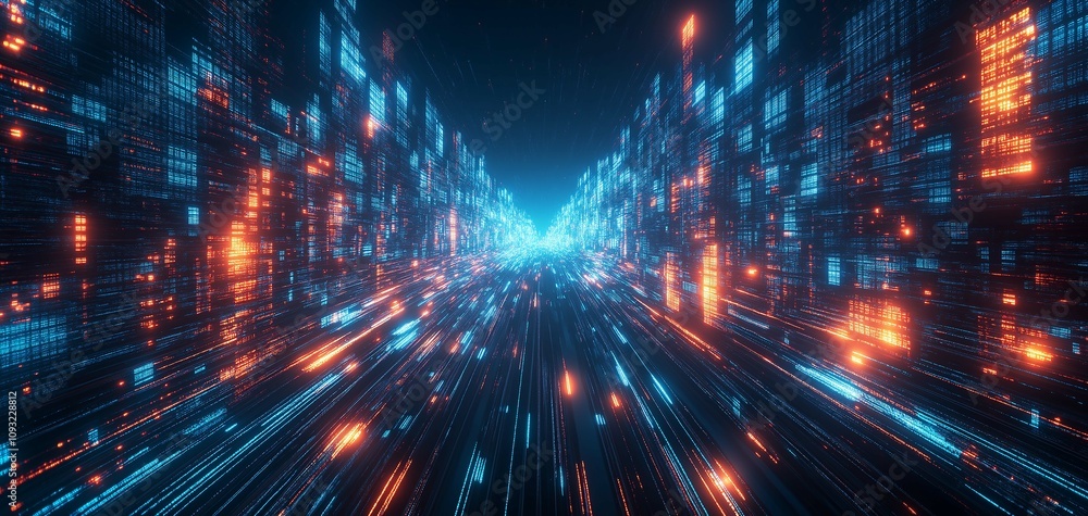Poster futuristic digital cityscape with glowing neon lights and dynamic motion blur representing technolog