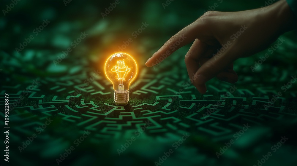 Poster hand reaching for illuminated light bulb in the center of a maze symbolizing ideas, innovation, and 