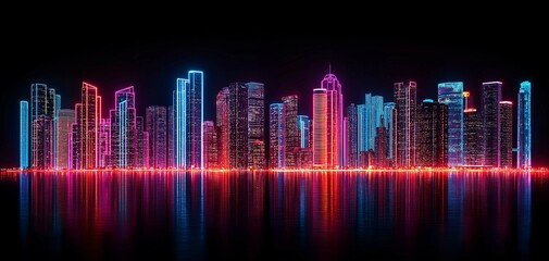 Vibrant Neon City Skyline at Night with Colorful Reflections on Water, Illuminated Buildings, and a Futuristic Aesthetic in a Dark Background