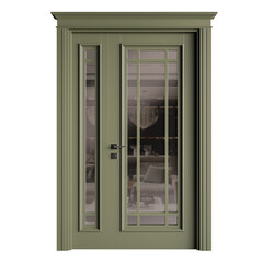 A large green door with a glass window