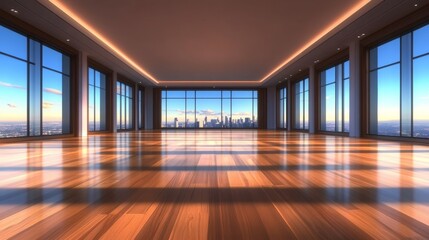 Vast empty room with panoramic city views at sunset. Hardwood floors gleam under the warm light. Perfect for corporate events or luxury living.