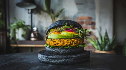 Moody industrial scene with a vegan charcoal burger and plant accents.