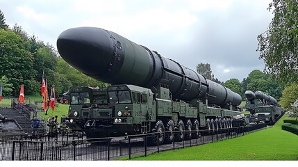ICBM parked on a military base with various support vehicles around. 