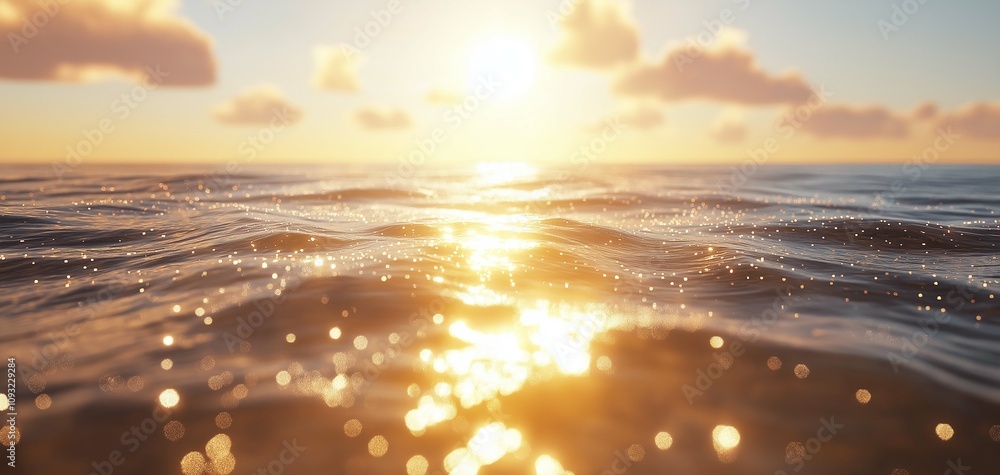 Poster serene sunset over calm ocean waves with shimmering reflections and soft clouds in the background, e