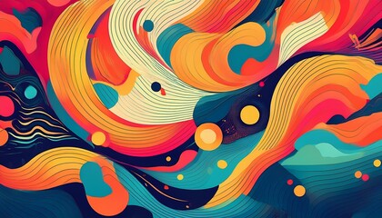 Vibrant abstract art featuring swirling lines and bold colors.