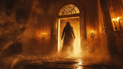 Ghostly figure emerging from shadows haunted house horror scene dramatic lighting spooky atmosphere