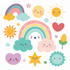 Illustration of a colorful rainbow with nature elements