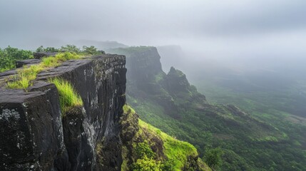 Naklejka premium Majestic Mountain Landscape with Lush Greenery, Dramatic Cliffs, and Mystical Fog Capturing the Beauty of Nature in a Serene Atmosphere