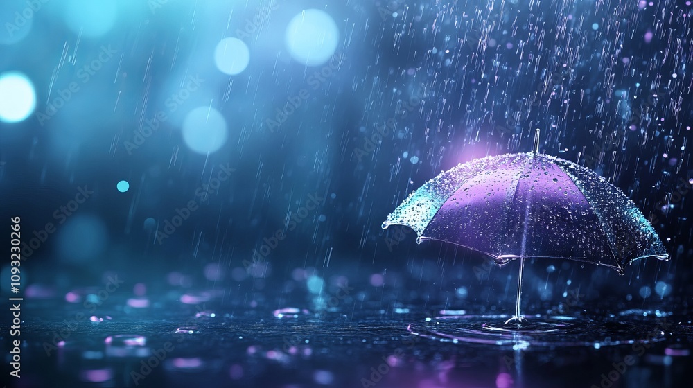 Poster colorful umbrella under rainfall with bokeh background in a dreamy atmosphere enhancing mood and emo