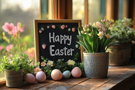 A charming Easter scene by a window with a chalkboard reading "Happy Easter," surrounded by fresh flowers in a pot and decorated eggs, creating a cozy springtime atmosphere
