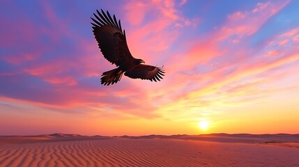 Majestic Eagle Soaring Over Expansive Desert Landscape at Sunset with Vibrant Colors in the Sky and Rolling Sand Dunes in the Background