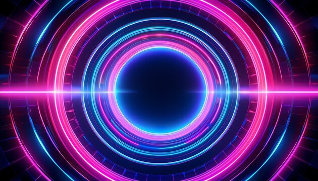 Vibrant neon circles glow in the dark, creating a futuristic and energetic vibe.
