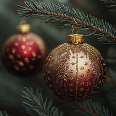 Christmas Ornaments with Floral Design Hanging on Evergreen Branches, Capturing the Festive Spirit of the Holiday Season with Warm Colors and Textures