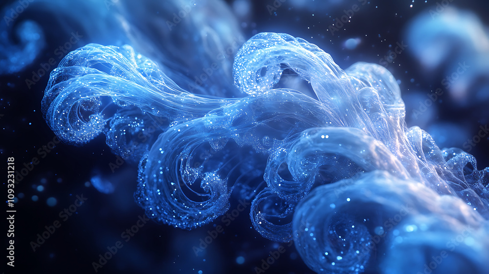Poster close up of ethereal blue liquid forms swirling gracefully, creating mesmerizing visual effect with 