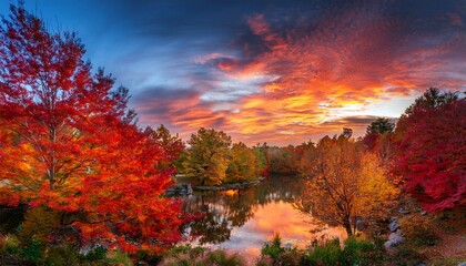 Fototapeta premium Fiery autumn sunset reflected in a tranquil lake, surrounded by vibrant red and gold foliage.