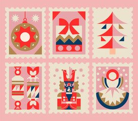 6 retro Christmas stamps.
Colorful geometric illustrations with holiday elements, candy, gifts, a Christmas tree, nutcracker, winter angel. A warm pastel palette with the aesthetics of old Christmas