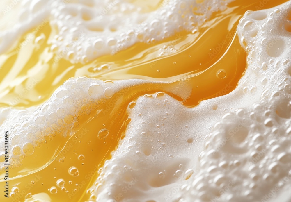 Poster close-up of golden liquid with bubbles and foam, capturing the fluid motion and texture of a refresh