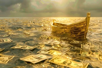 A boat on the ocean, surrounded by scattered money, representing financial freedom and prosperity. A golden ship sinking in a sea of money, symbolizing an economy drowning in inflation .