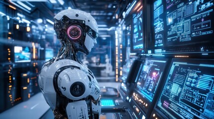 Fototapeta premium A humanoid robot interacts with advanced technology in a futuristic control room.