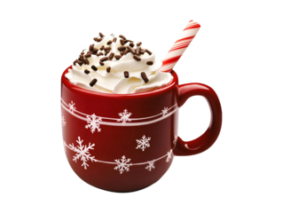 Hot chocolate with whipped cream and candy cane isolated on transparent or white background, png