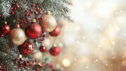 Beautifully Decorated Christmas Tree with Red and Gold Ornaments Against a Soft Gold Background for Holiday Celebrations and Seasonal Festivities