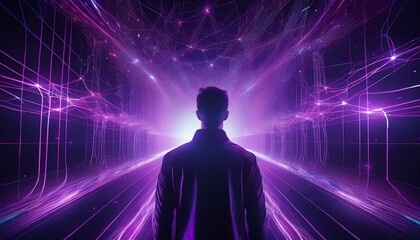 A man walks into a futuristic purple digital tunnel.  Abstract, vibrant, and otherworldly.