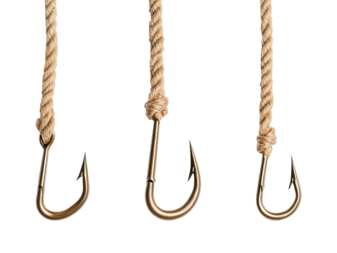 Fishing hooks tied with rope isolated on transparent or white background, png
