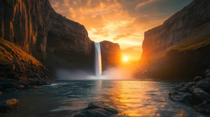 Fototapeta premium Majestic Waterfall at Sunset Surrounded by Dramatic Cliffs and Scenic Landscape in Iceland, Capturing the Beauty of Nature's Splendor and Tranquility